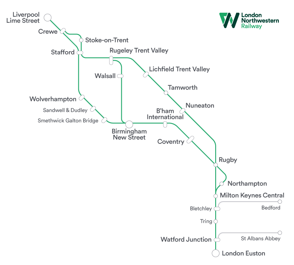 Map of First Class services for London Northwestern Railway