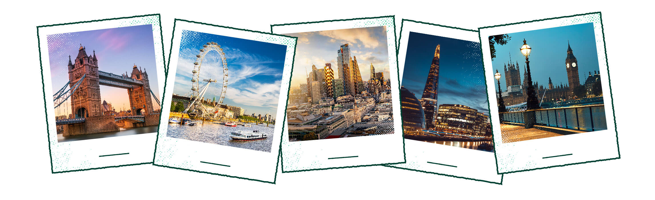 Photos of landmark destinations in London - Tower Bridge, London Eye, Houses of Parliament, The Shard, Canary Wharf