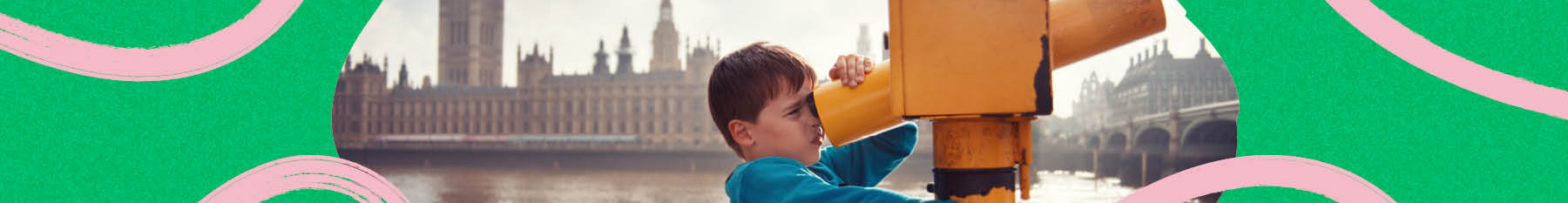 Child looking view a telescope with the Houses of Parliment in the background
