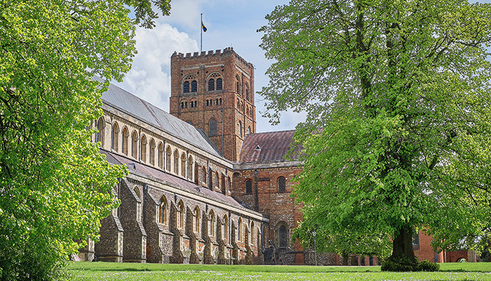 church building seen through trees