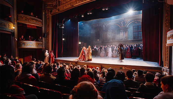 Actors in full costumes entertain an engaged audience creating a captivating atmosphere in the historic theater during a live performance Generative AI