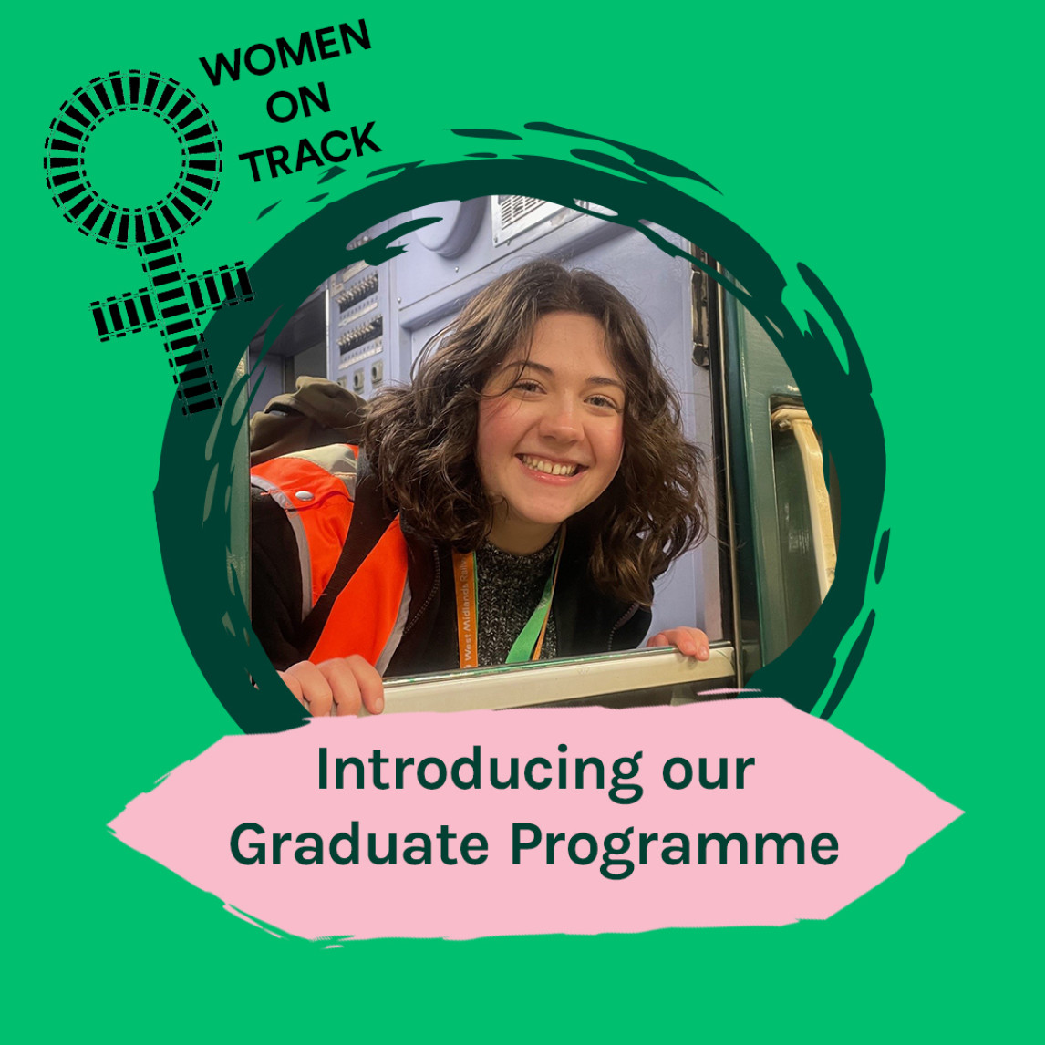Introducing our Graduate programme- image of Alex with the female symbol (Circle atop a cross) made of train tracks.
