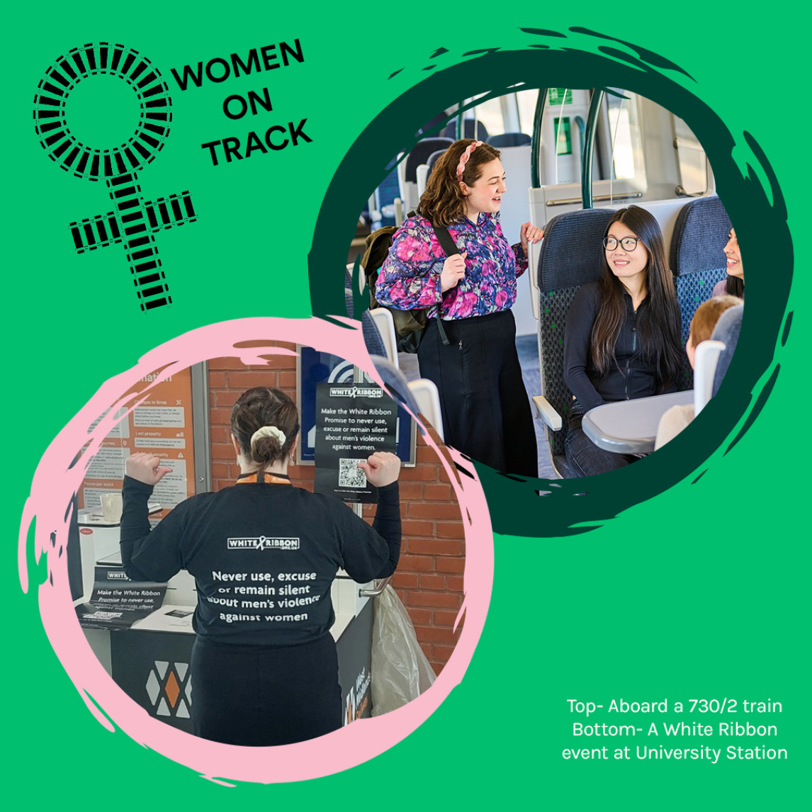 Image of Alex and other graduates on a 730/2 train unit, and another image of Alex’s back in a ‘White Ribbon’ t-shirt at a University Station event.