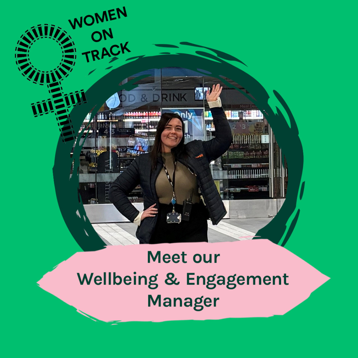 Learn about the role of Wellbeing & Engagement Manager- image of Dani with the female symbol (Circle atop a cross) made of train tracks.