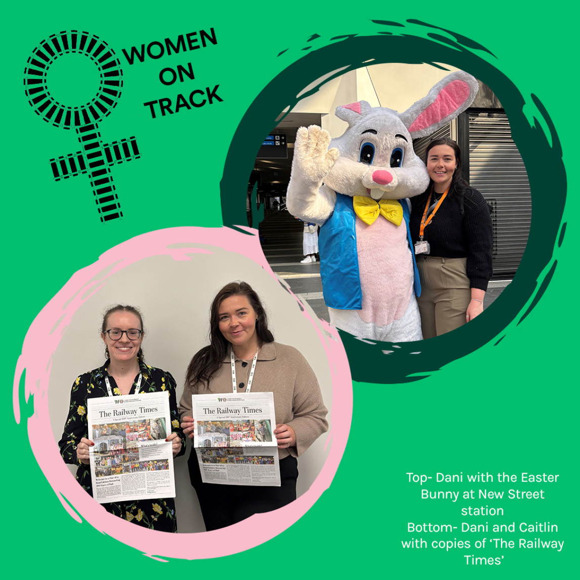 Image of Dani with the easter bunny at Birmingham New Street station, and an image of Dani and Caitlin holding up copies of ‘The Railway Times’.