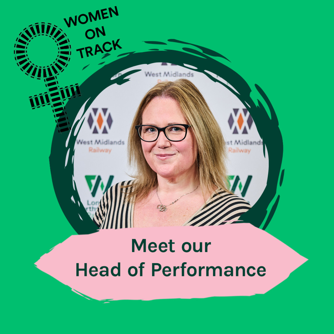 Meet our Head of Performance- image of Kelly with the female symbol (Circle atop a cross) made of train tracks.