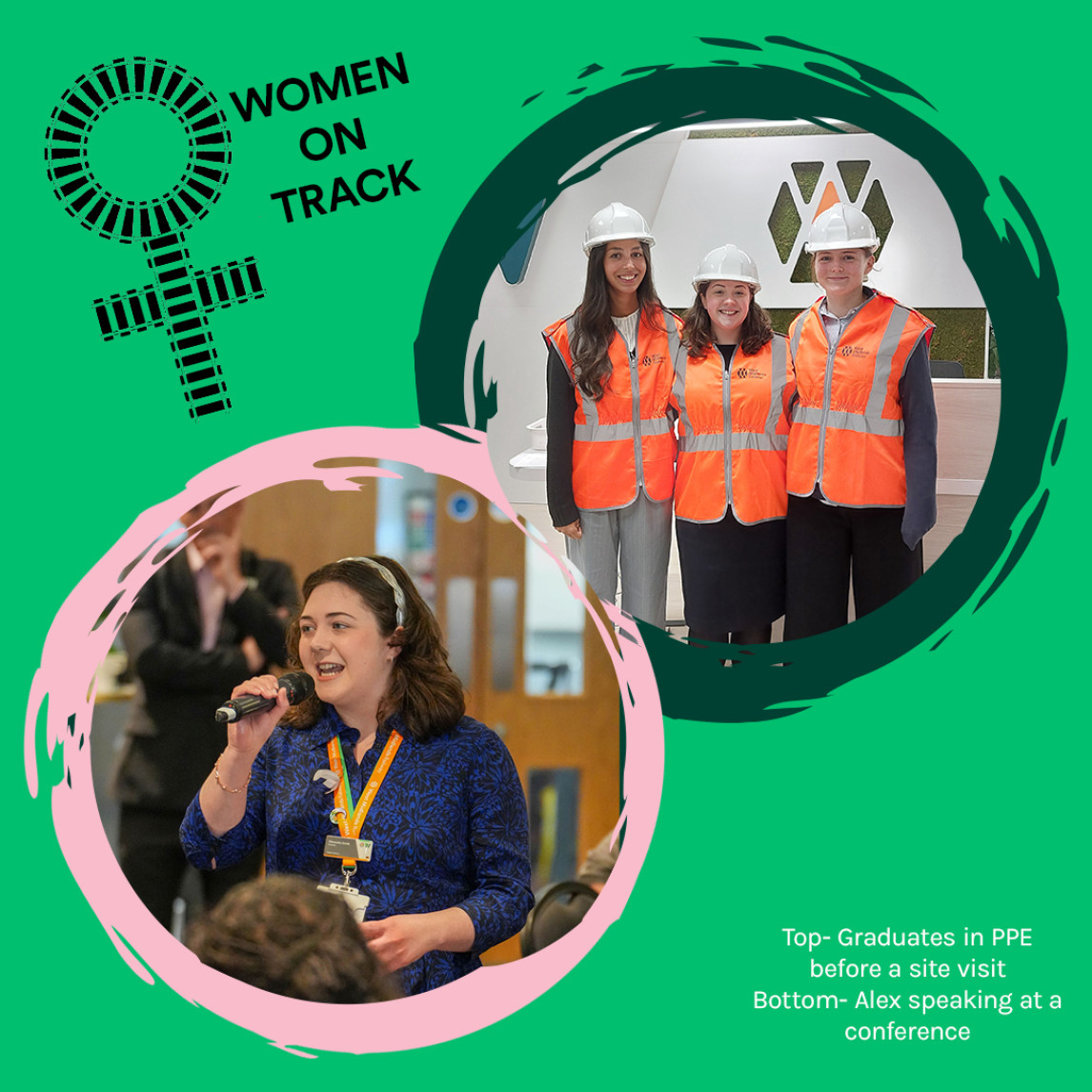 Image of Graduates in helmets and high-vis PPE jackets, and an image of Alex with a microphone speaking at a conference.