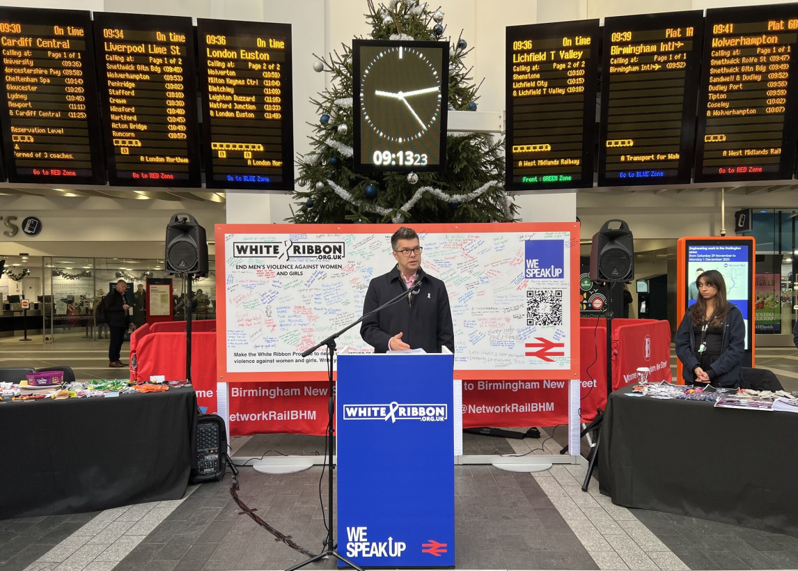 Customer Experience Director, Jonny Wiseman, speaking at the White Ribbon Day event held at Birmingham New Street