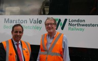 Jan Chaudhry-van der Velde and Adrian Shooter unveil with special Marston Vale livery for the upcoming Class 230 units