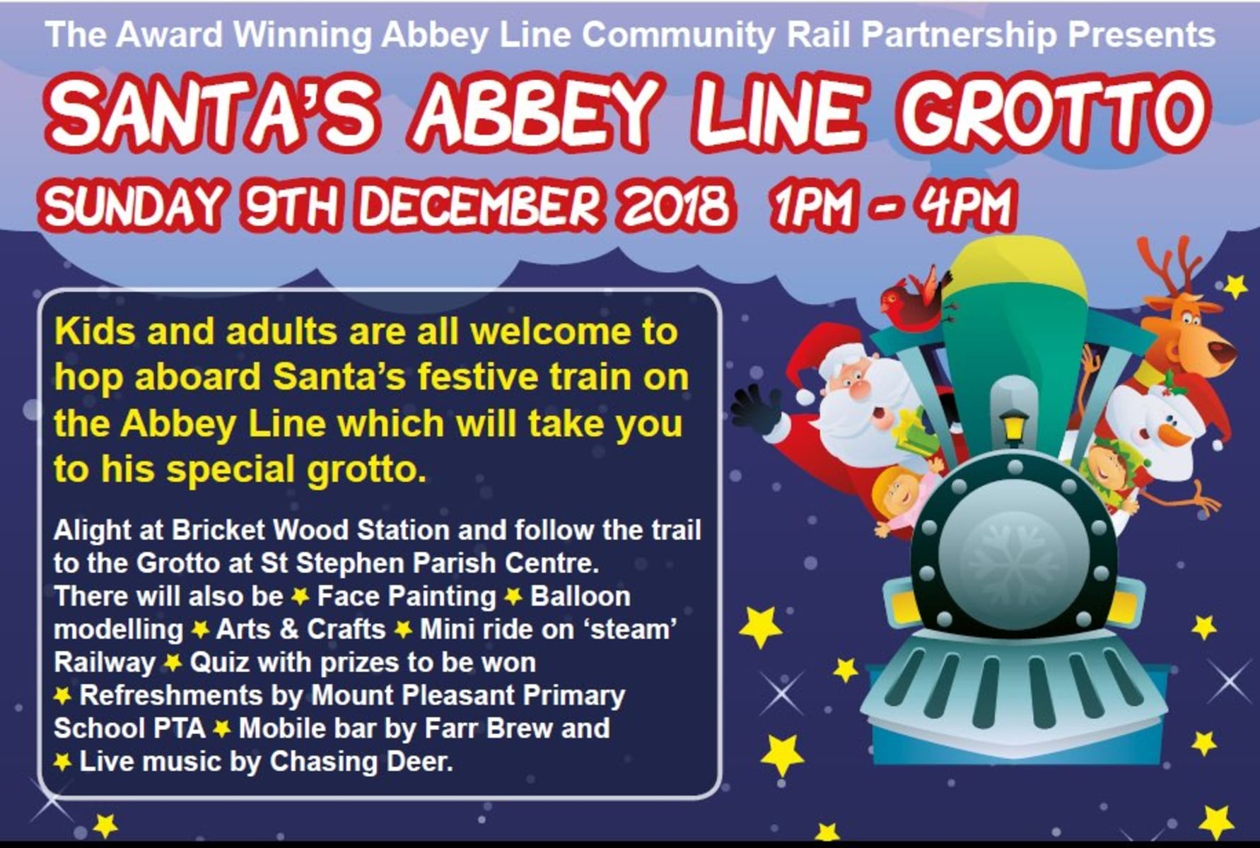 Families invited to join Santa’s festive train on the Abbey Line this Christmas